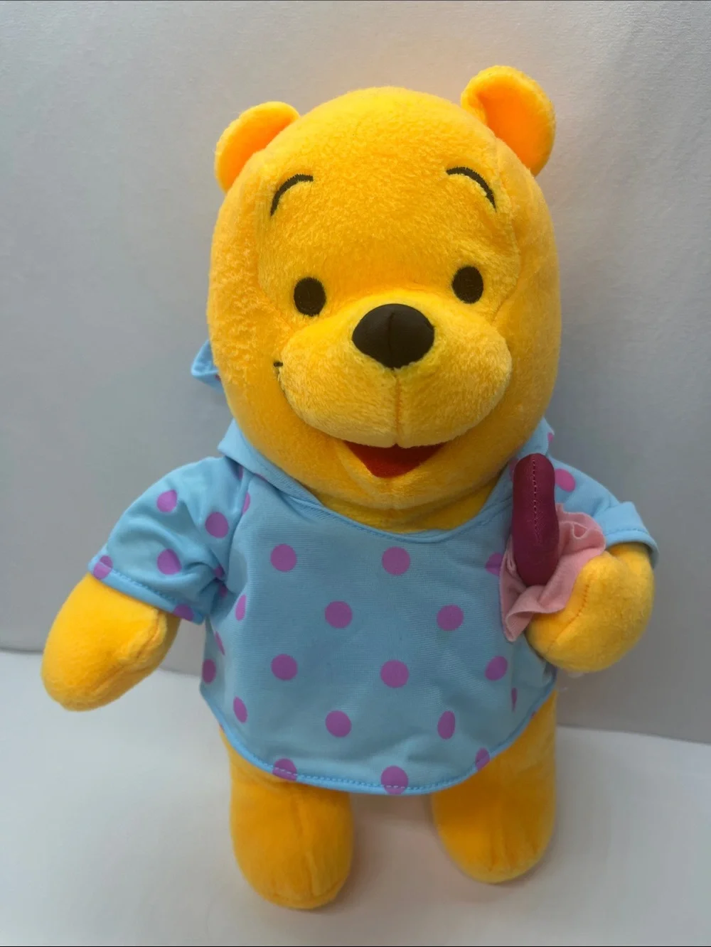 Disney Winnie The Pooh Plush With Blue Polka Dot Raincoat and Umbrella-